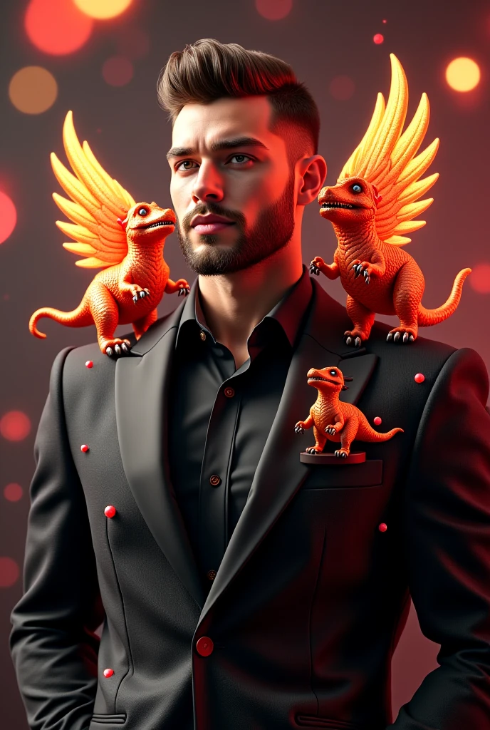 Create an image of a stylish pigeon wearing a purple dress protecting a young man with a beard and feminine features.. The face of the Pomba Gira radiates power and intimidation, while holding your cigarillo, Let loose your laughter,  and with the other hand he holds a shiny steel chain where evil souls are imprisoned. The young man's face is androgynous and he is homosexual