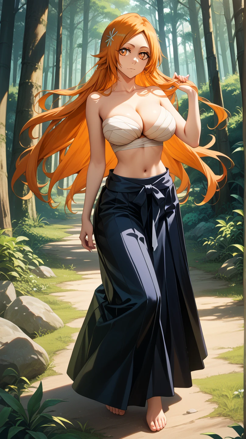 Young (princess), striking figure, long flowing ginger hair, wavy hairs, fair skin, freckles, kolito, innocent and (regal appearance), expressive green eyes are filled with a mix of curiosity and determination, her slender frame, elegant grace, vibrant orange kimono with white and black decorations, ((very long sleeves)), cleavage, feather headdress, in a forest