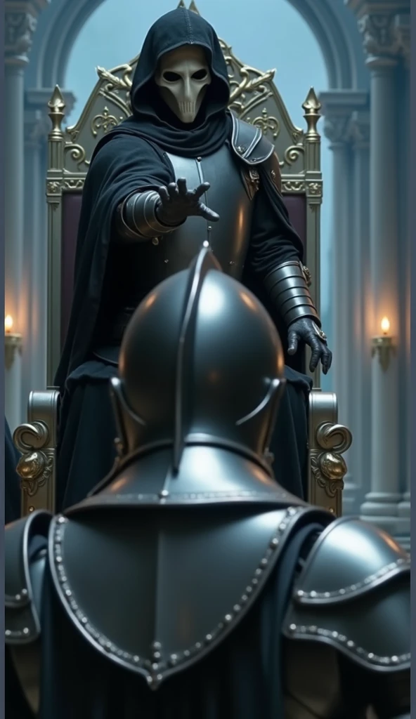 three statues of knights sitting in a courtroom with a wooden paneled wall, love death + robots, love death and robots, death and robots two in the void, seated in court, lawyer suit, death and robots, lawyer clothing, cgsociety 9, film still from movie dune-2021, still from a music video, arknights --auto --s2