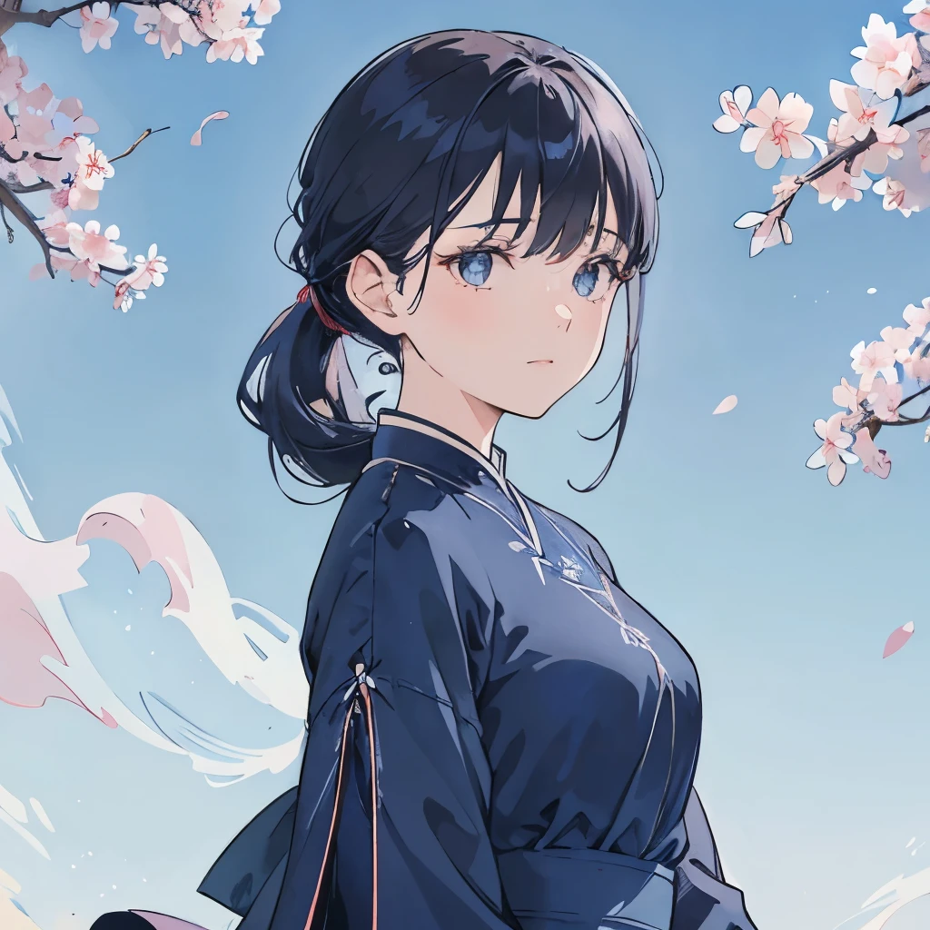 Dark hair Pony tail Light eyes Shades of blue Background Cherry blossoms Windblown strands of hair Long-sleeved dress High neckline Subtle flair at the hem Modest outfit Pale sky blue Deep navy Soft, gradient blue Delicate floral patterns Subtle wind animation Slightly tousled hair A few loose strands framing the face Gentle smile Sparkling eyes Blue sky