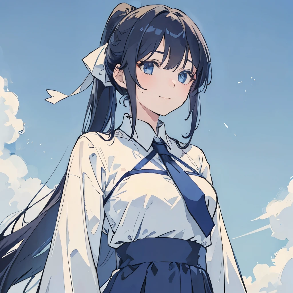 Dark hair Pony tail Light eyes Shades of blue Background Windblown strands of hair Long-sleeved dress High neckline Subtle flair at the hem Modest outfit Pale sky blue Deep navy Soft, gradient blue Delicate floral patterns Subtle wind animation Slightly tousled hair A few loose strands framing the face Gentle smile Sparkling eyes Blue sky (((perfect pixel, perfect detail))), solo, upper body, 1 girl, reine murasame, uniform, tie, looking at the audience, closed mouth, standing, smile