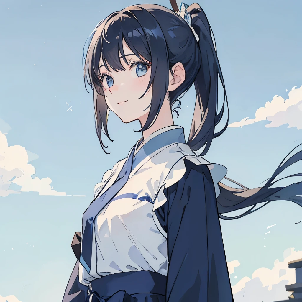 Dark hair Pony tail Light eyes Shades of blue Background Windblown strands of hair Long-sleeved dress High neckline Subtle flair at the hem Modest outfit Pale sky blue Deep navy Soft, gradient blue Delicate floral patterns Subtle wind animation Slightly tousled hair A few loose strands framing the face Gentle smile Sparkling eyes Blue sky (((perfect pixel, perfect detail))), solo, upper body, 1 girl, reine murasame, uniform, tie, looking at the audience, closed mouth, standing, smile