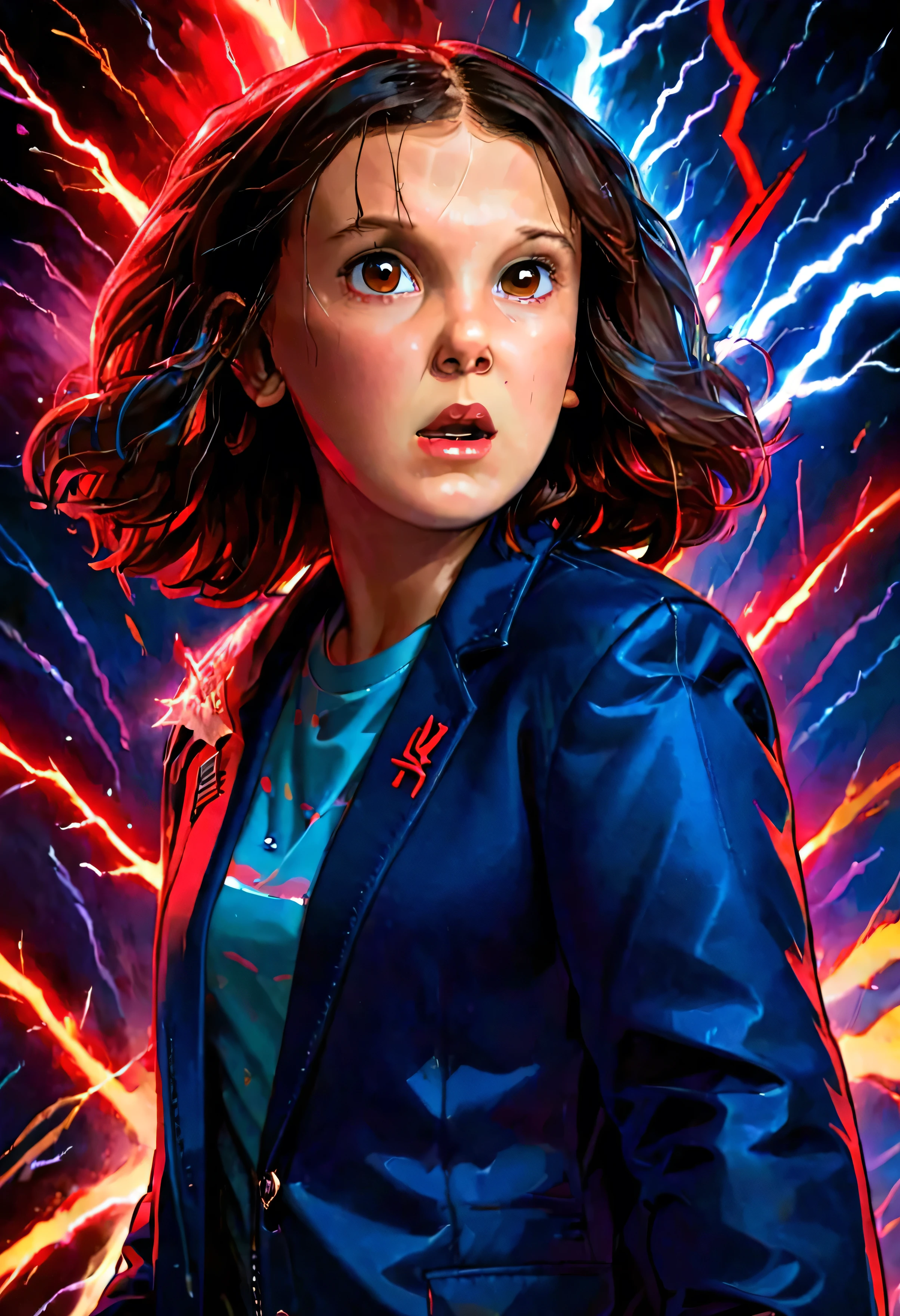 Milli3 , Millie Bobby Brown , a girl wearing a blue jacket , Netflix, strange things eleven , in a dark with red lightning in the background, angry look on her face . front view