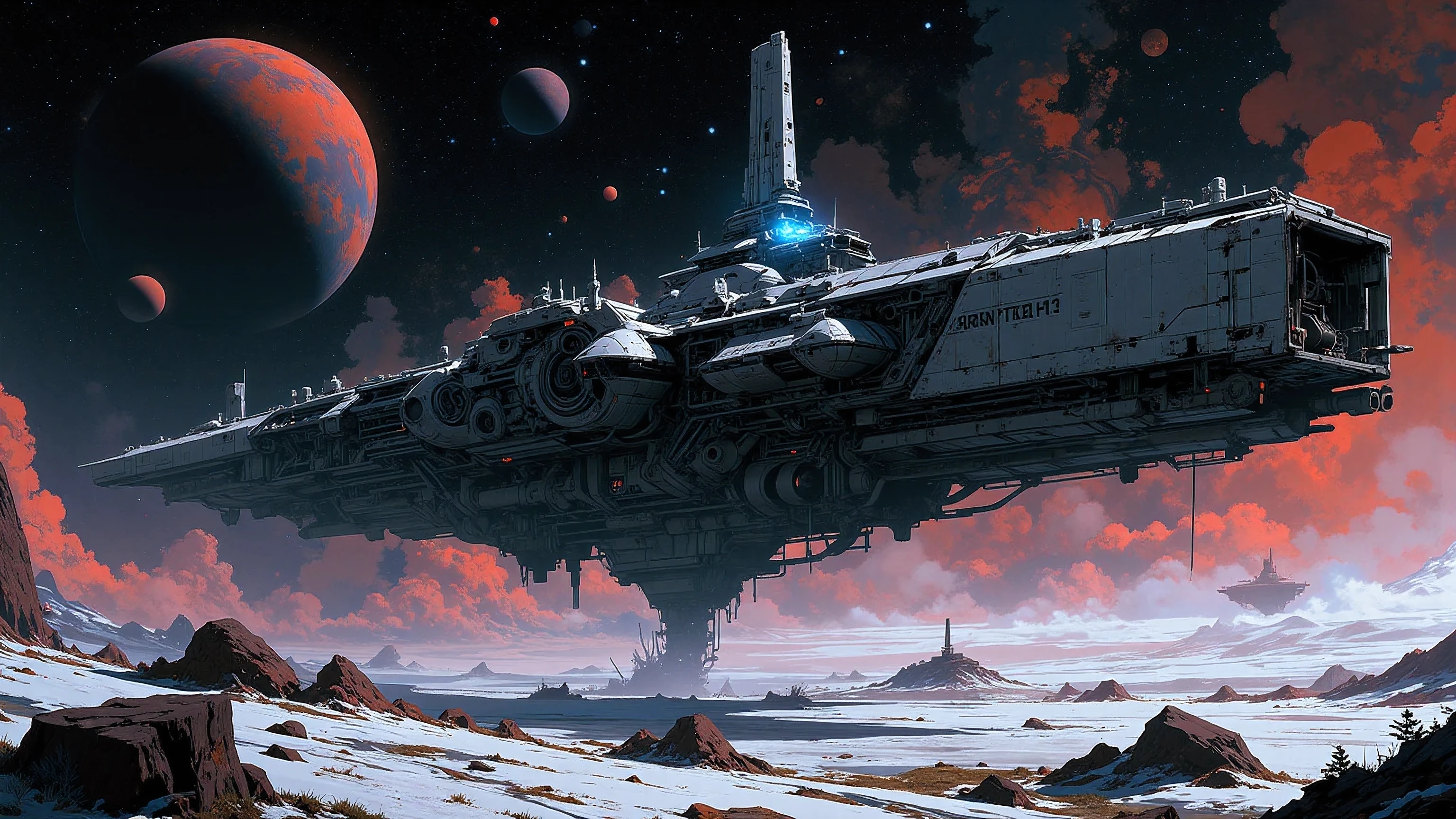 Masterpiece, highest quality, very detailed, absolute resolution, high resolution, highest quality, 8K, John Harris and syd mead Style - Large rectangular shaped spaceship in Lunar space, Nebulas and planets in background, Galaxy John Berkey huge space ships in the distance