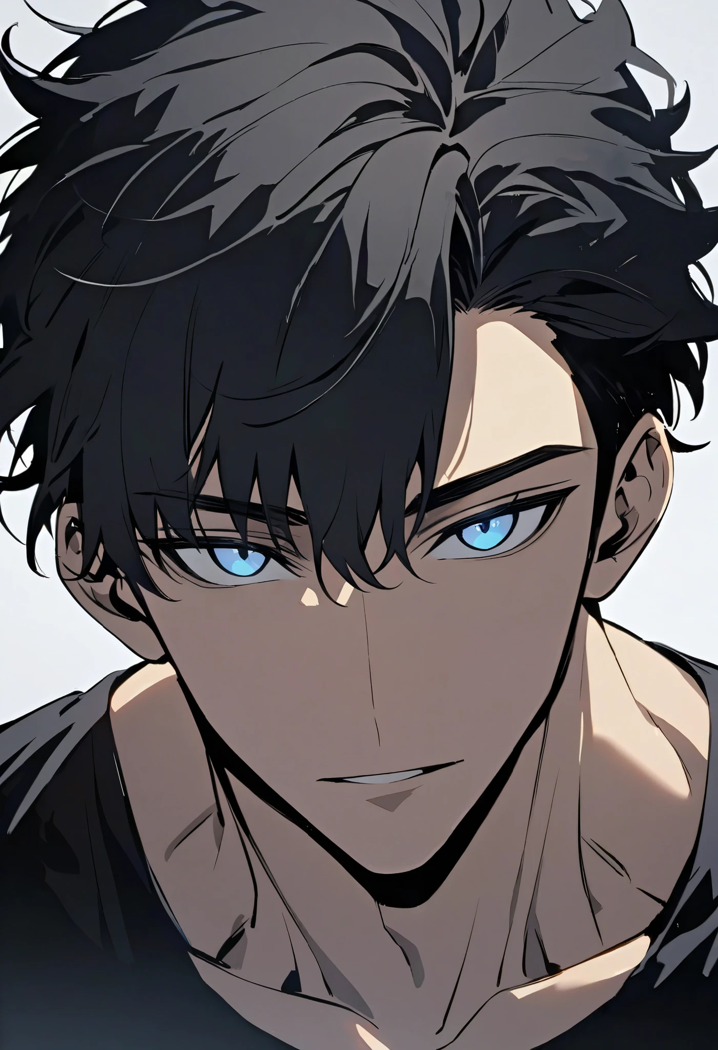 Handsome, solo, male, tall, toned, Gojo hair, short hair, black hair, blue eyes, black t-shirt, broad shoulders, looking at viewer, facing viewer, simple background, white background