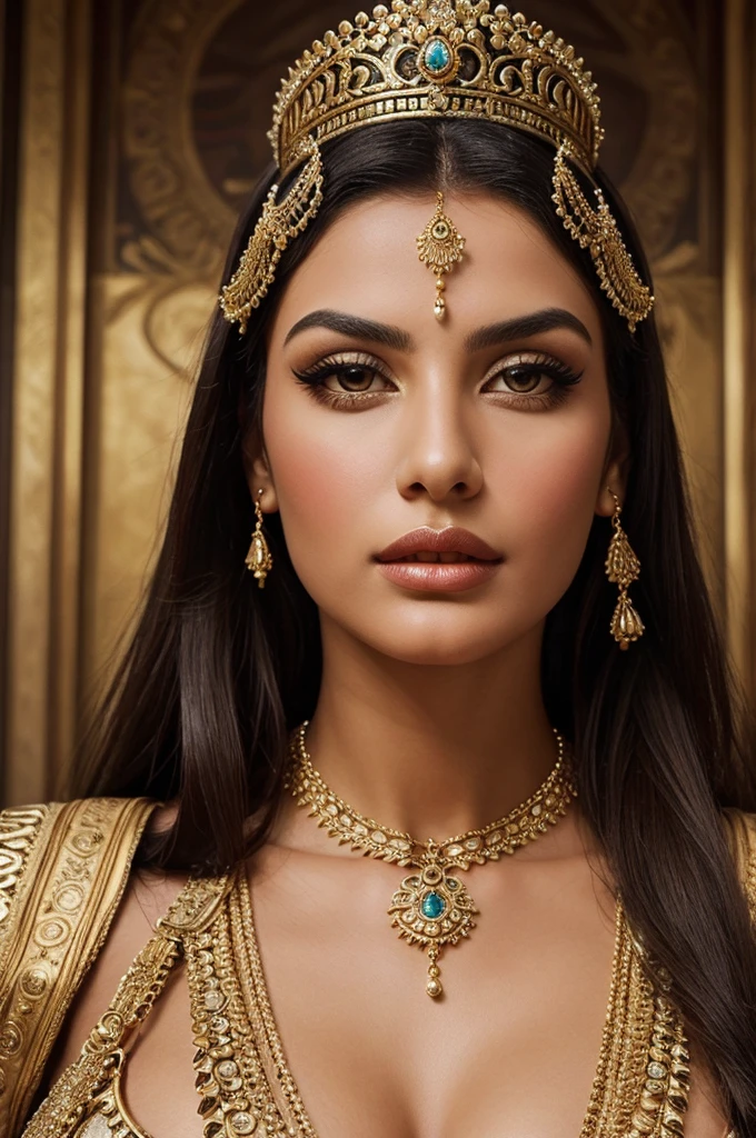 realistic portrait of an extremely beautiful Colombian woman of royalty, detailed facial features, piercing eyes, elegant long eyelashes, beautiful lips, delicate nose, intricate royal jewelry, ornate headdress, lavish palace interior, golden accents, wearing a sexy outfit, slutty outfit, erotic outfit, dramatic lighting, highly detailed, photorealistic, 8k, cinematic composition, dramatic pose, elegant, regal, masterpiece
