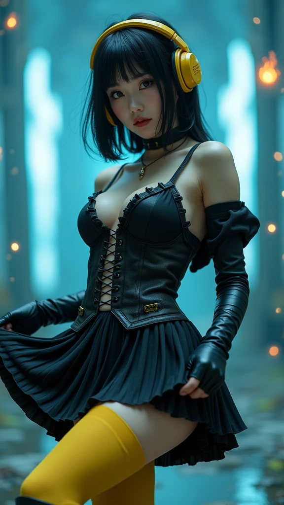 Yuffie,chain ring, chain storm, dark chain,((Totally black and black.)), The Dark Side, nighttime, It's dark., darkness, ((black clouds)),((ruins)),shadow, garden of death,