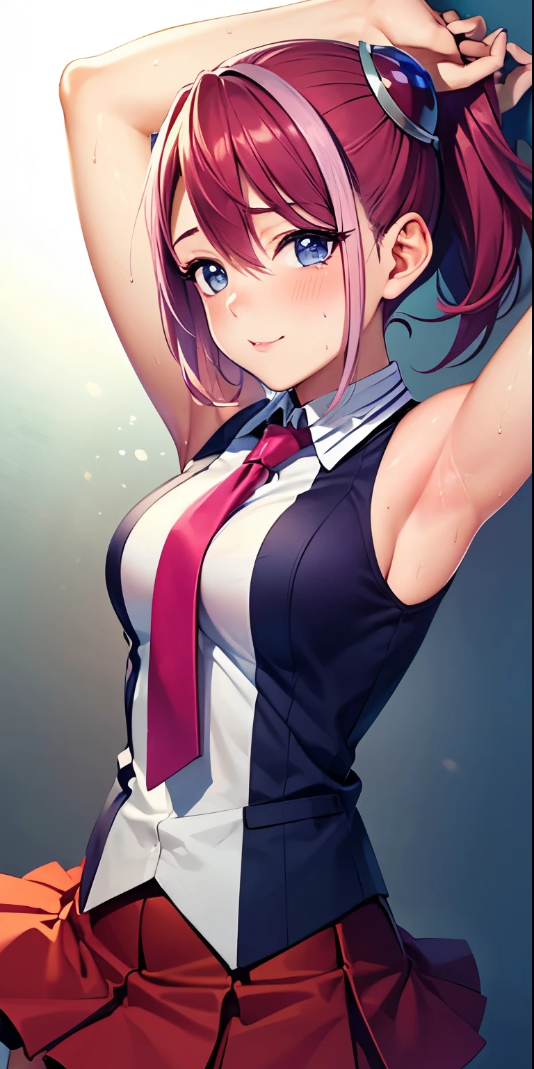 1 Female,High definition,high resolution,Ultra-realistic,8K, hy1, hair ornament, multicolored hair, necktie, skirt, sleeveless, , pink skirt, tight skirt,miniskirt, jewelry,European,sexy,Upper body close-up,Photographed from the front,Dynamic Angles,blush, medium tits, happy, wink the eye,facial, sweat,multicolored hair , 1 arm up, waving