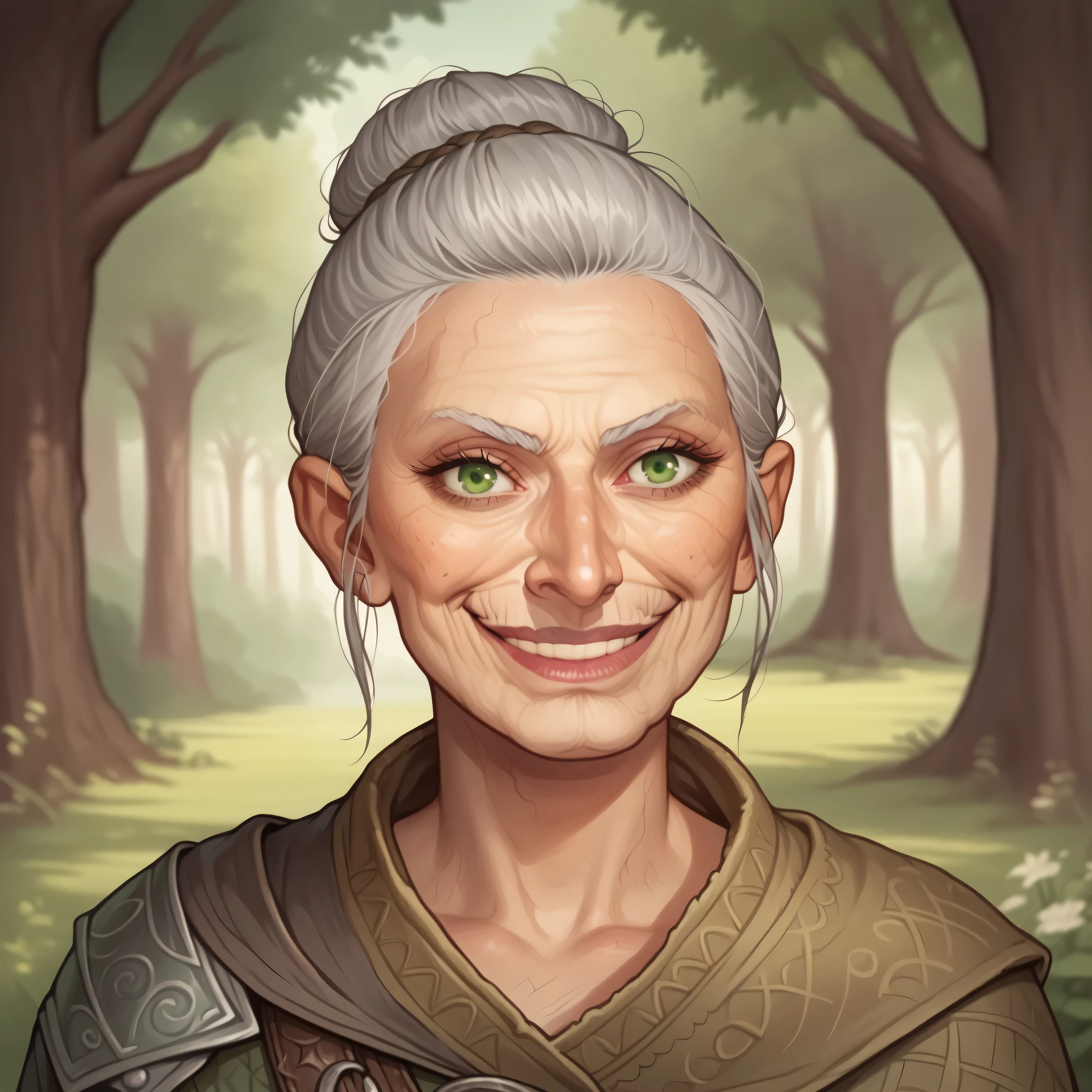 (((beautiful, high quality, comics style, detailed face))), score_9, score_8_up, score_7_up, BREAK, bust shoot view, solo, 1woman, (elder, old woman, 80-years-old), (Dwarf, short stature, big nose), determined, ((excited smile)), grey hair, tied back into a tight bun, dark green eyes, well-fed build, hunched and fragile, fantasy outside, blurred background, DeepNegative_xl_v1, detailxl, zPDXL2