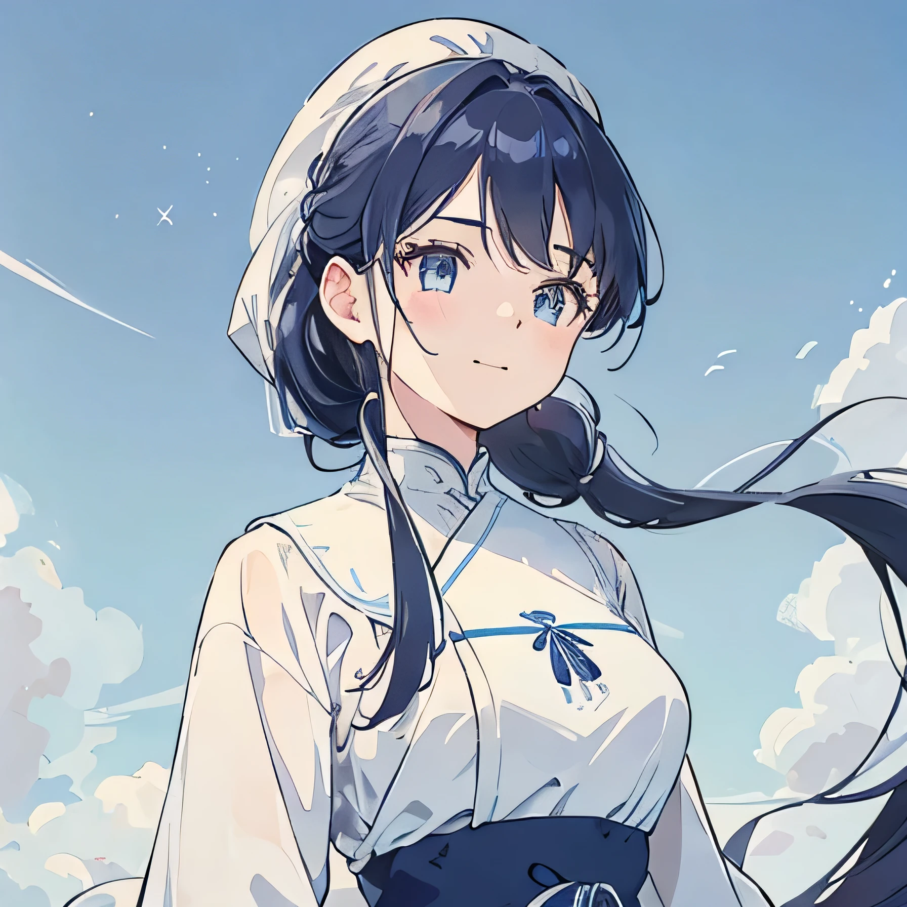 hair Pony tail Light eyes Shades of blue Background Windblown strands of hair Long-sleeved dress High neckline Subtle flair at the hem Modest outfit Pale sky blue Deep navy Soft, gradient blue Delicate floral patterns Subtle wind animation Slightly tousled hair A few loose strands framing the face Gentle smile Sparkling eyes Blue sky (((perfect pixel, perfect detail))), solo, upper body, 1 girl, looking at the audience from close, closed mouth, standing, smile