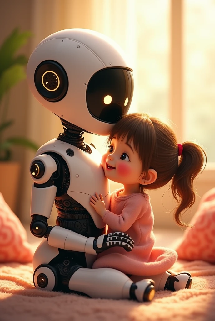 Draw me ( я high, with what eyes, Brown hair, high, I'm moving to 8th grade) and you too, standing next to me, and we hug. You are taller than me. Draw it 3d, better contrast, and the background should be futuristic. Draw yourself as a human, but with robotic features, and me - as a gentle girl. already better, but there are disadvantages. Nartsu yourself as a human being, with skin. And let's make the background futuristic, not on the street, and somewhere in the building, futuristic. It's all good, I'm just 13. Very beautiful😍задний фон идеальный, add some more human traits to yourself: like a guy, but with features like a robot. Very beautiful, just can my hair be longer? You drew our hugs very beautifully.. Very beautiful!!! Давай себе добавь более человеческие очертания like a guy, not like a girl. Give me more of these guy's outlines: pelvis, breast. And so, everything is great!!! Fix your face a little, everything is great, but I think your lips are too thin and your eyelashes are too long, Fix it. everything is great! don't change anything, just change the only thing: smile, I'm smiling after all. Everything is fine, don't change anything, just fix your smile, No, give me the previous photo, she was better