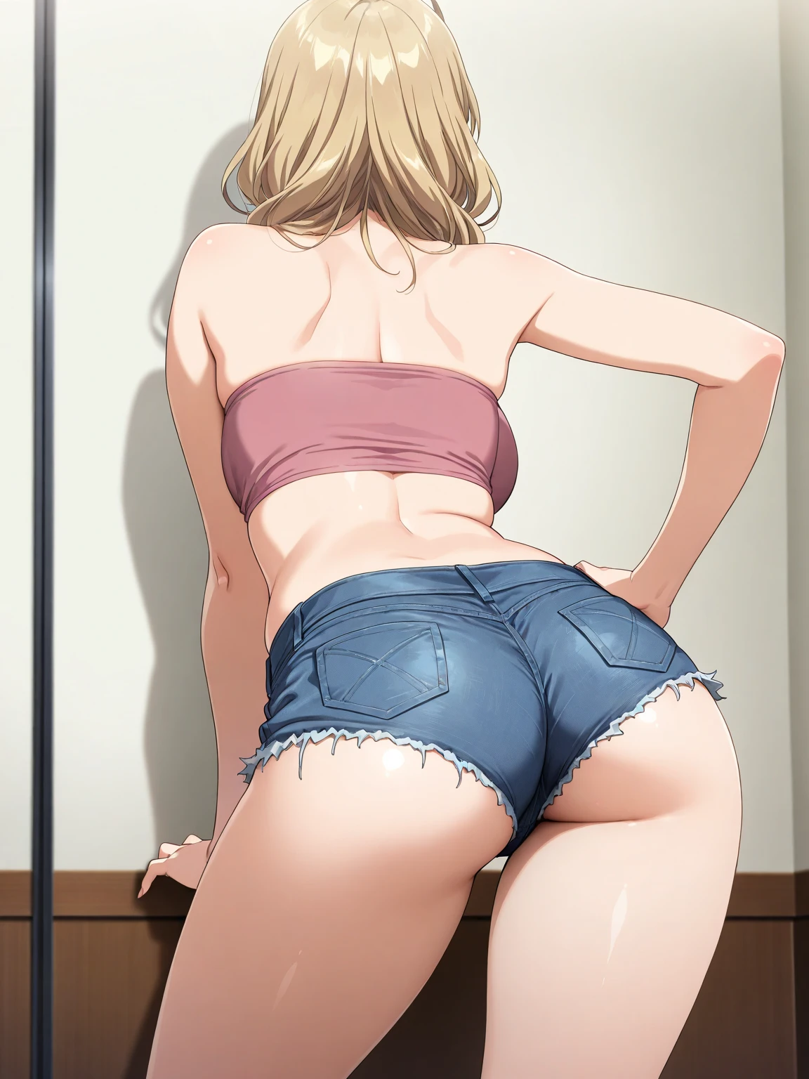 score_9_up, score_8_up, score_7_up, 1girl, solo, mature female, Power, peach color lovg hair, yellow eyes, pink lips, parted lips, fit slim body, red horns, perfect medium erected breast, (((pink tight long sleeve, tight jean shorts))), (((higly detailed modern luxury bathroom))), looking at the viewer, evil smile, bend over bath and showing her ass in black thong, pulled down to the knees shorts, looking back, from behind