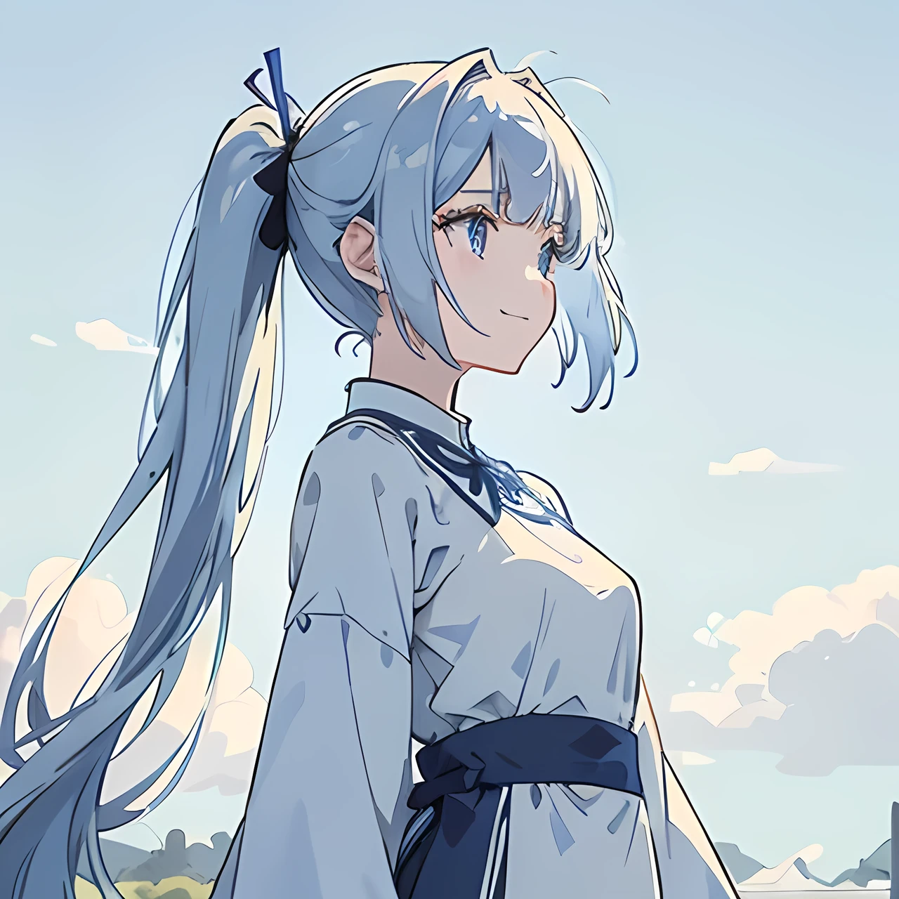hair Pony tail Light eyes Shades of blue Background Windblown strands of hair Long-sleeved dress High neckline Subtle flair at the hem Modest outfit Pale sky blue Deep navy Soft, gradient blue Delicate floral patterns Subtle wind animation Slightly tousled hair A few loose strands framing the face Gentle smile Sparkling eyes Blue sky (((perfect pixel, perfect detail))), solo, upper body, 1 girl, looking at the audience from close, closed mouth, standing, smile