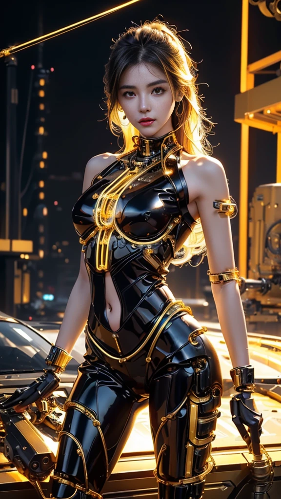 Translucent fine golden color mechanical girl, Futuristic girl, ((woman/demon/skeleton/zombie/Batman/)), Mechanical joint, futuristic urban background, ModelShoot style, (Highly detailed Cg Unity 8K Wallpaper), Abstract style beauty,, surrealism, 8K, Super detailed, Best quality, Awarded,  Anatomically correct, 16k, Highly detailed,big tits , cameltoe , white hair