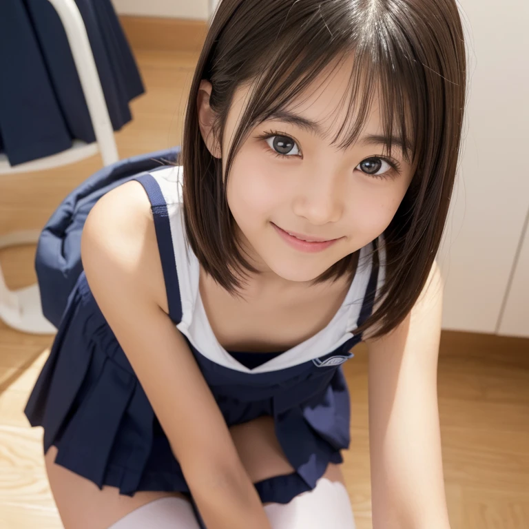 masterpiece, highest quality, 8k, Young and beautiful girl, Baby Face、((Small breasts)), photo shoot, cute顔, Thick thighs, Classroom after school, Embarrassing、smile、No makeup, 10 generations, Detailed face, Background Blur、(((((())))))、Tight waist、cute、good、ランダムな色のcuteパンティー, Knee socks, On all fours, Plump thighs, Big Ass