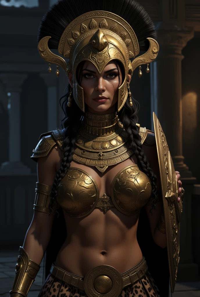 beautiful female half orc, with big thighs, nice hips, nice waist, big breasts, flowing hair, wearing animal skin clothes, iron armor and adorned with animal bones, 8k ultra realistic