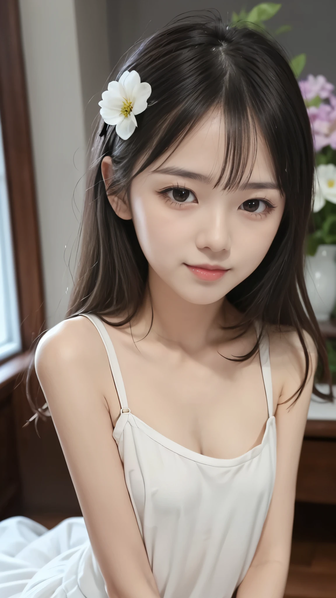 (top-quality:0.8)、(top-quality:0.8)、perfect anime illustration、Extreme close-up portrait of beautiful woman in white underwear relaxing in bedroom