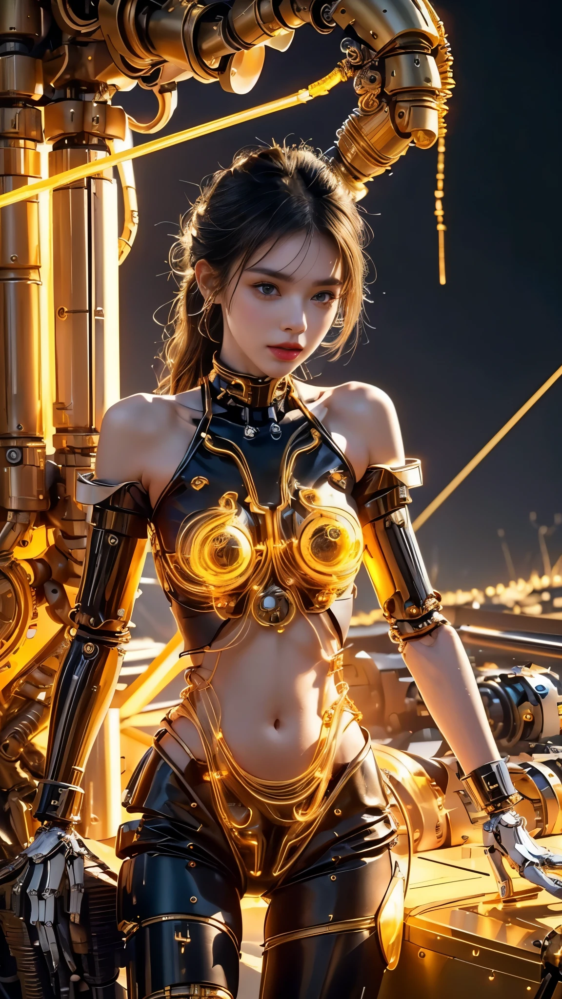 top-quality、masterpiece、超A high resolution、(Photorealsitic:1.4)、Raw photo、女の子1人、Black hair、glowy skin、1 Mechanical Angel、large metal wings、Shining Angel Circle、((super realistic details))、portlate、globalillumination、Shadow、octan render、8K、ultrasharp、Colossal tits、Raw skin is exposed in cleavage、metals、Details of complex ornaments、Steampunk details、vacuum tubes、Nixie Kan、Oil pressure gauge、Glass Kan、Analog Meter、gear wheel、gear、Golden hydraulic cylinder、highly intricate detail、Realistic light、CGSoation Trends、a purple eye、radiant eyes、Facing the camera、neon details、Mechanical limbs、blood vessels connected to tubes、Mechanical vertebrae attached to the back、mechanical cervical attaching to neck、sitting on、Wires and cables connecting to the head、evangerion、Small LED lamp、Sumerian details、