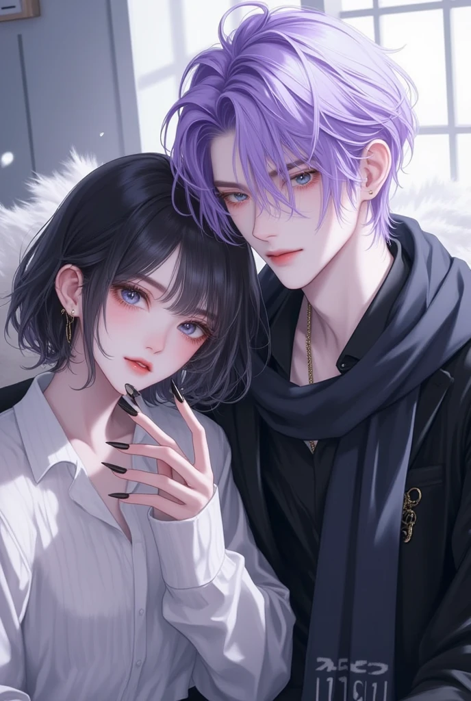 anime couple、 anime illustration、 landmine Kpop holiday 、Couple selfie 、 happy face、Young Couple Photos 、noon、Two people take a selfie in front of the mirror in the room、黒いShort Hairの彼女と、薄紫のShort Hairの彼氏、Couple taking selfies、オシャレでCool guy装少年のモデル、 one beautiful young girl wearing a beautiful scarf wrapped in a beautiful scarf、 cute expression 、bisexual 、 cool、Light purple hair color、Short Hair、 arranged hair 、Handsome Hair、Small face、 white skin、Neutral face、Cool guy、 cute face 、 cool sharp eyes 、Light blue eyes、sharp thin eyebrows 、 Tall、 style with 2 hands、 cool物が好き、Black school uniform、 wrap a scarf around your neck、Stylish black nails、Age 19、 half Japanese and Korean man 、Fascinating fans、Seduce、 beautiful photo 、masterpiece、 best quality 、 HD、 Fantastic、 the background is bright 、Photographed from diagonally above、 beautiful portrait、 menswear makeup 、 Anime Makeup 、 cute girl with piercings 、 has a story like a K-drama 、Let's make happy memories together