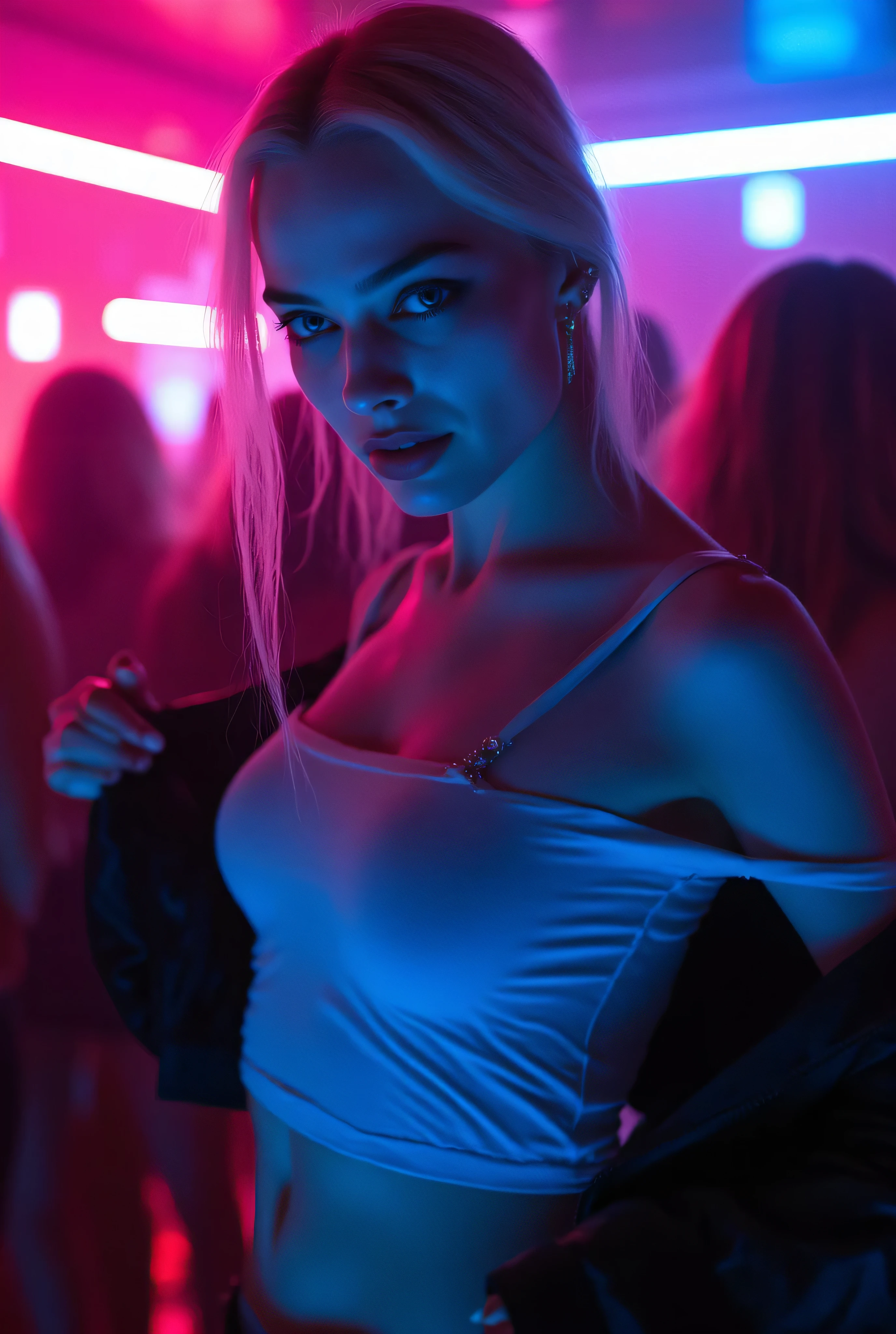 The camera smoothly scanned the neon lit nightclub, apturing the pulsating light reflected by the metallic tones of the room. It landed on the young Scandinavian woman, her bright blue eyes capturing the flickering light. She was wearing a fitted crop top that accentuated her hourglass figure. The crowd around her continued to dance to the beat, and she was dressed with her shirt covering her chest, beginning the scene.
She slowly picked up her shirt, lifted it up, revealing her perfectly bare round breasts and protruding nipples.