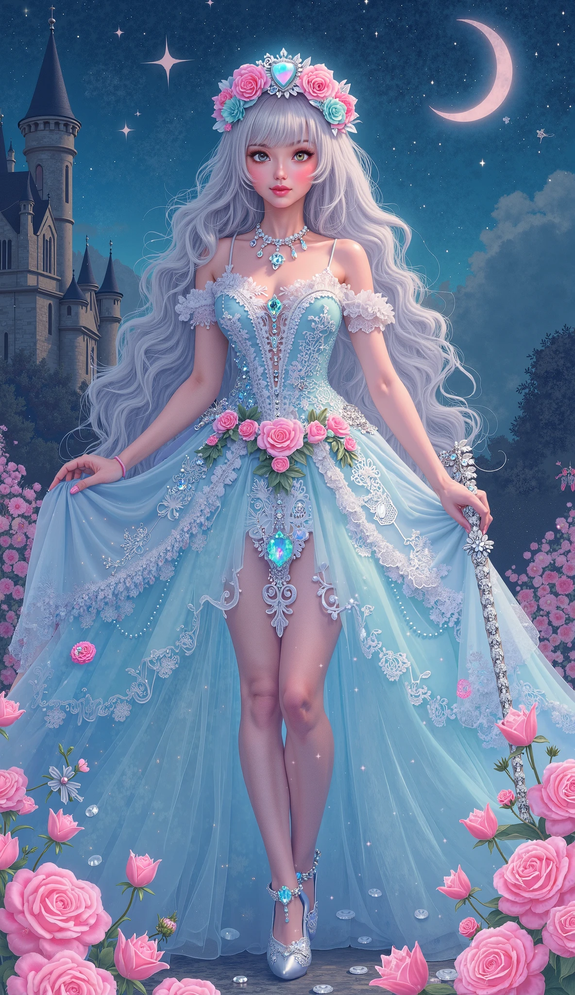 There is a woman in a blue dress standing in a garden - SeaArt AI