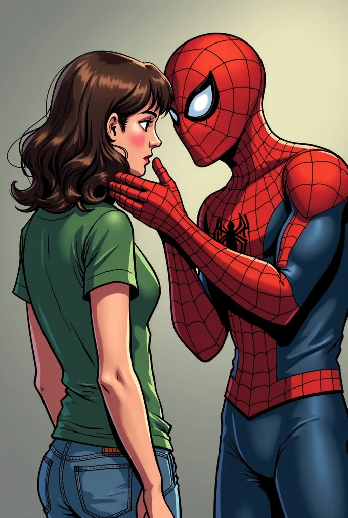 Harry Osborn with Mary Jane trapped with a rope around surrounded by comic-style musical notes