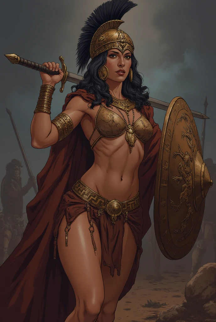 A Barbarian queen wearing primitive clothing with her Amazonian fighters are fighting the Vikings warriors in the high forest of the golden temple , realistic bodies, realistic faces, photograph, vibrant, sunny"