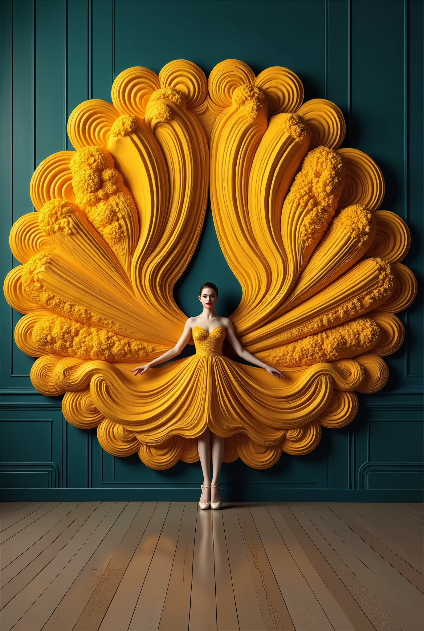 symmetrical shape, A full background, minimal collage artwork featuring a wide and long piece of yellow color blanket made of flower petals covering and envelop a part of the body of a beautiful russian ballerina women red lips, small petals dress, The ends of the flower petal cloth fly up and stick to the wall expands upwards forming a beautiful, Unique, luxurious and majestic blanket shape (symmetrical shape) stuck to the wall , dark teal wall, Unique poses with flexible body, strange poses, unique and beautifu pose against the middle of wall, low light, beautiful and unique masterpiece. very detailed, high resolution, in terms of beautiful appearance, beautiful art, like a beautiful logo,Elegance,SurrealArtStyle,Elegance,Composition