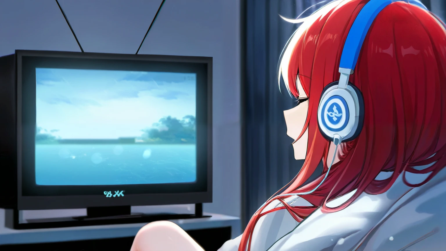  One with red hair with a blue Headphone, relaxing listening to music , With the television on with a drizzle on the screen.615347138