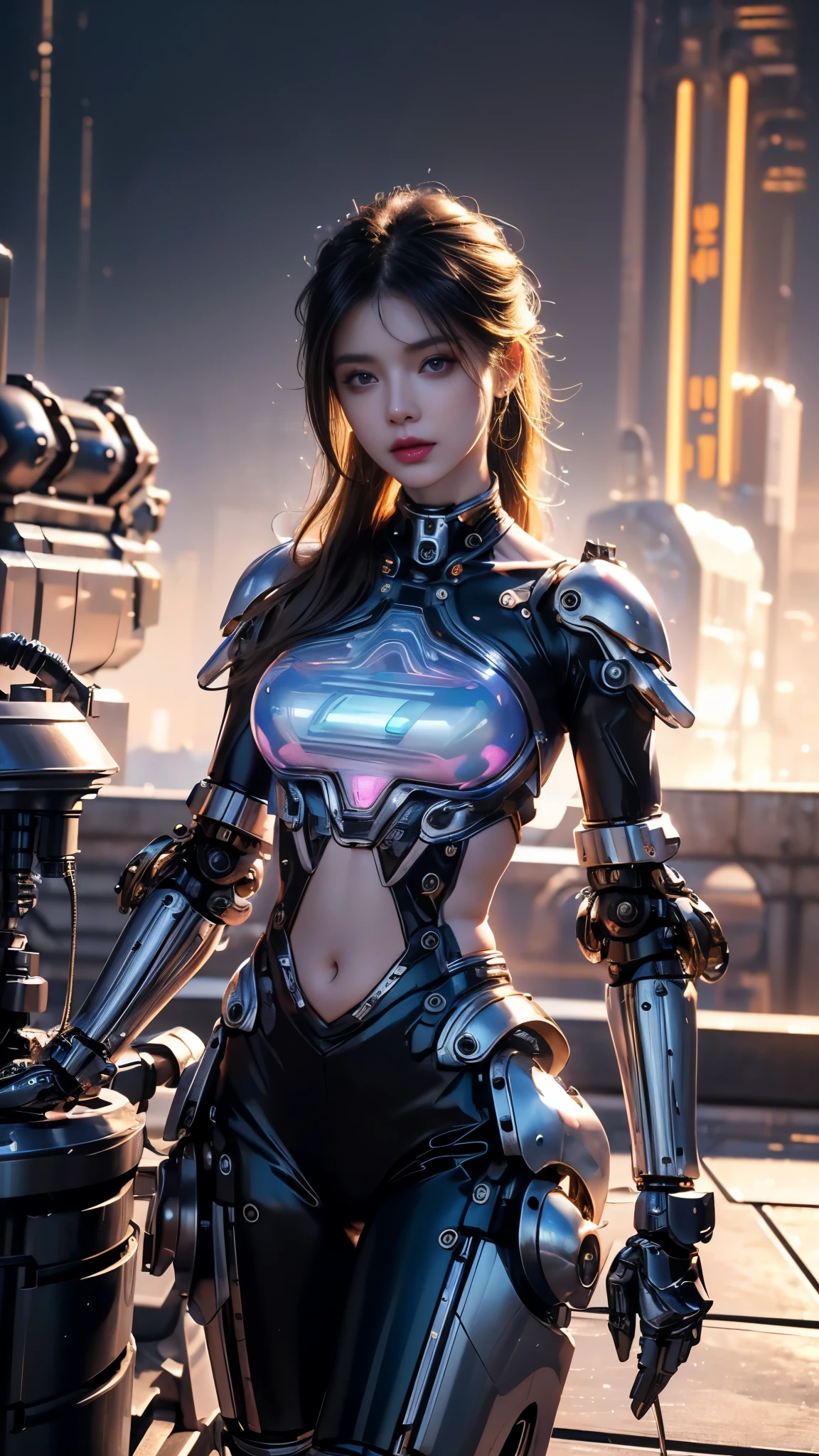 Realistic 8K visuals.Masterpiece,hips up,Complete Anatomy,Maximum details,Highest quality,The light is warm and comfortable on the eyes..,young woman with long hair, flowing hair,A sweet smile staring at me,Model poses,cybernetic robot,(cyberpunk blue metallic-)complex machinery,A machine that glows in different colors,Mechanical radius,future world,Exaggerated,white bikini body_red_metallic gold,morning backdrop