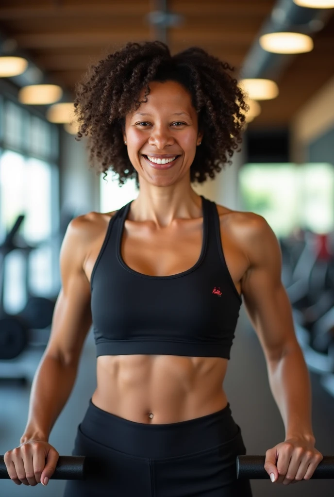Androeda, solo, realistic, black girl, ((85-year-old girl)), ((mature)), ((old woman)), ((wrinkled woman)), african american old woman, old black woman, dark-skinned, (((upper body only))), ((at the gymnasium)), ((selfie shot)), smiling, wearing attractive tops, white hair