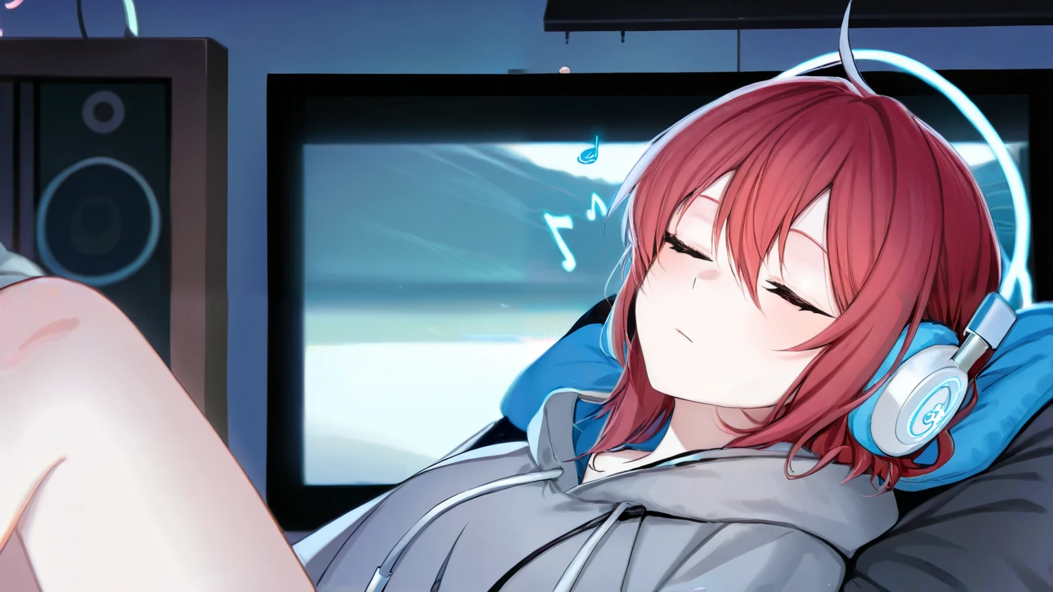  One with red hair with a blue Headphone, relaxing listening to music , With the television on off the air.615347138