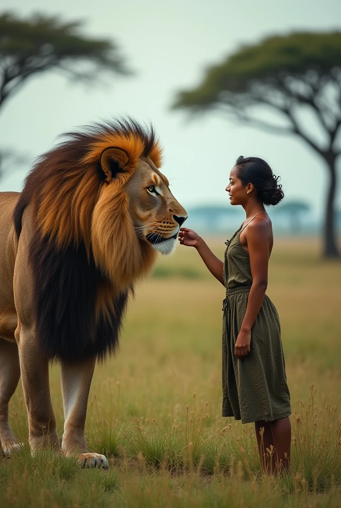 Une image photoréaliste dynamique capturant un moment ludique. Représentez une jeune femme noire Africaine aux cheveux noirs courts et bouclés, riant alors qu'elle lutte de manière ludique avec un lionceau joueur. Elle est vêtue d'un short kaki confortable et d'un t-shirt bleu ample complètement déchiré. Ses yeux pétillent de joie. Le lionceau mordille de manière ludique son t-shirt déchiré alors qu'elle essaie de le retenir doucement. Les deux personnages sont positionnés au milieu d'un champ de hautes herbes dorées, avec un coucher de soleil spectaculaire projetant une lueur chaleureuse sur la scène. La femme porte un bracelet en perles. Le soleil est positionné juste derrière elle, créant un effet de contre-jour.