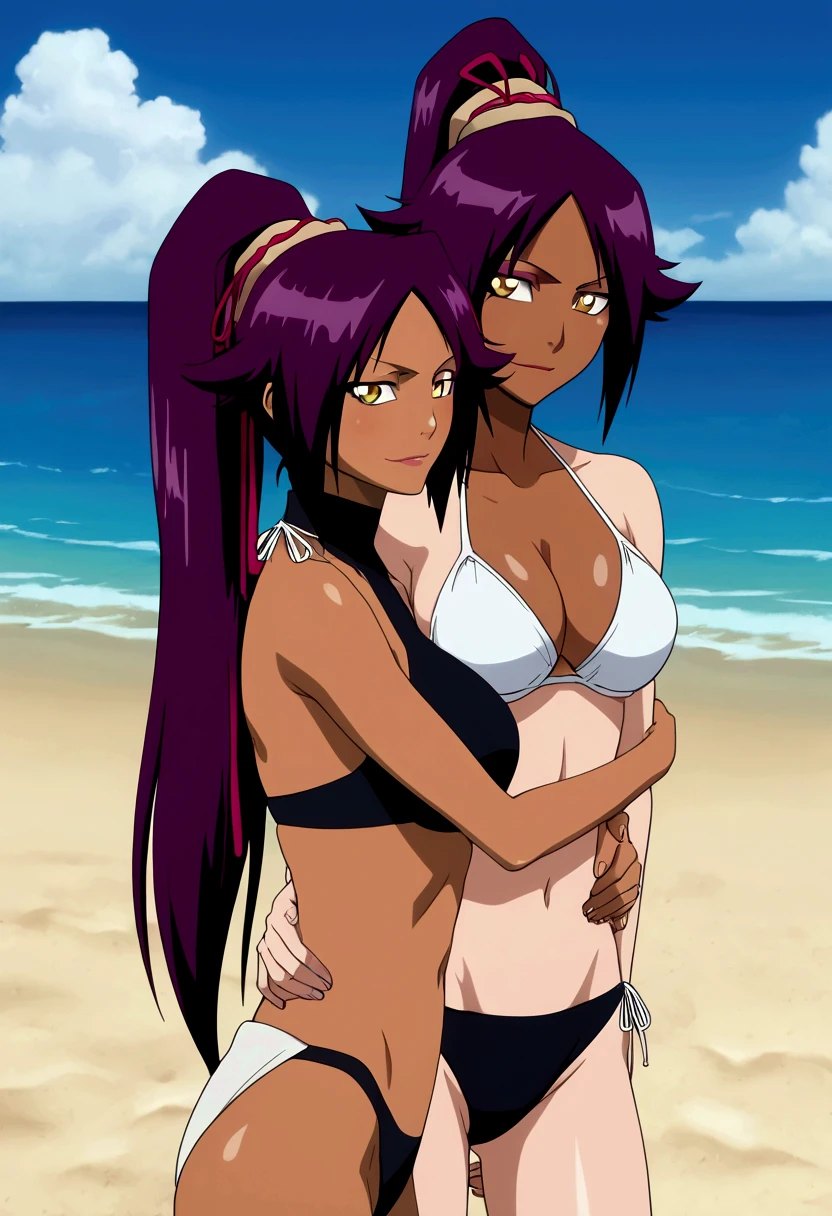 masterpiece, anime style, beach, best quality, highres, fairy tail, 2 similar girls , huge breasts, collarbone,sarashi wrap, standing, insane mentally unstable smile,mature woman, tall, short hair, pale skin