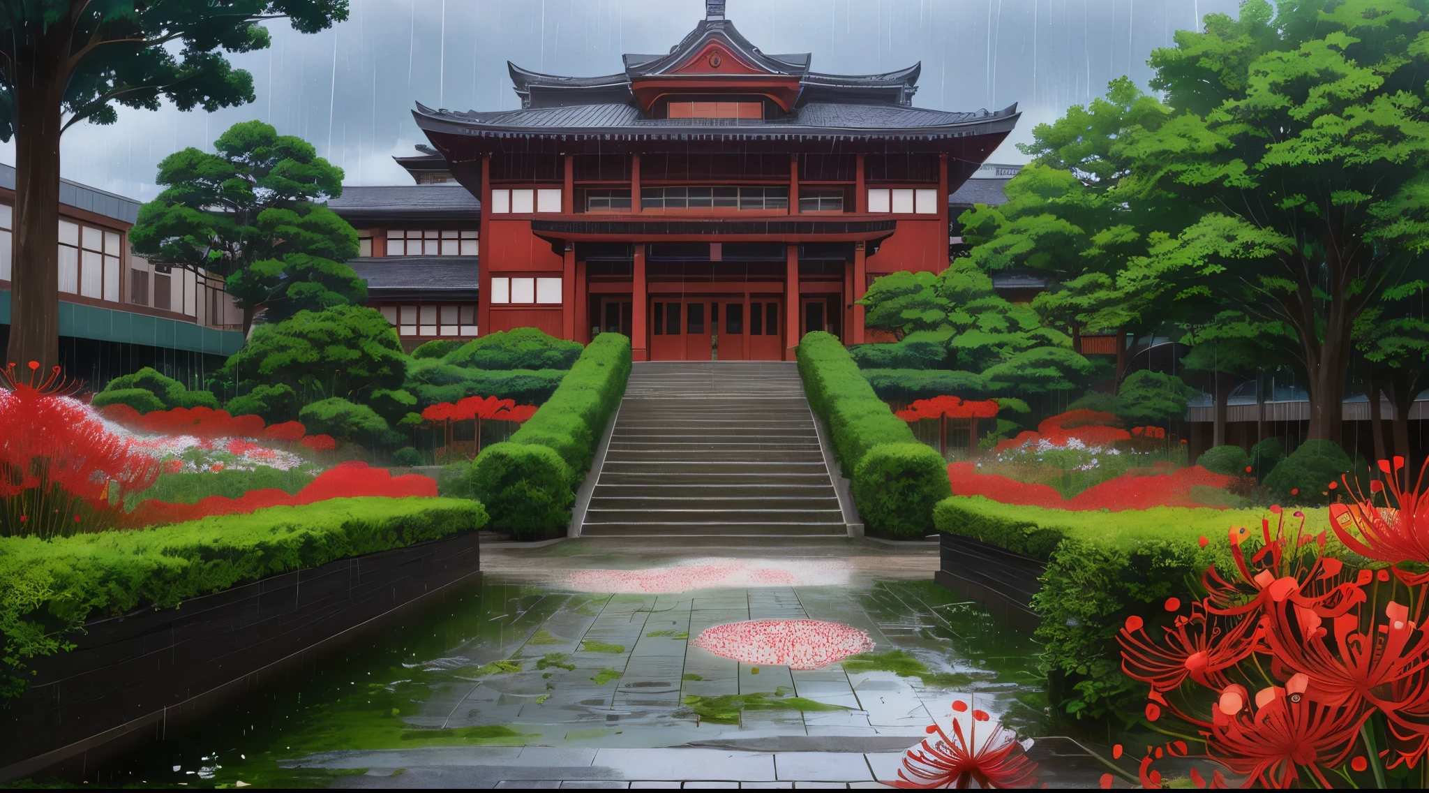 (Rainy sky) (Raindrops Falling) (Afternoon) (Grey Sky)
(80’s Anime) (Classic) (Vintage) (Retro)

1980’s Tokyo High School is a huge broad campus of several buildings build in a traditional Japanese High School style.

The school building is well hidden in the center of Tokyo's City, far and high in the Downtown District. Naturally, there is a garden where there are a lot of (Red spider lily flowers) (Higanbana) around the property to further obscure the location.

(View from the Stairwell)