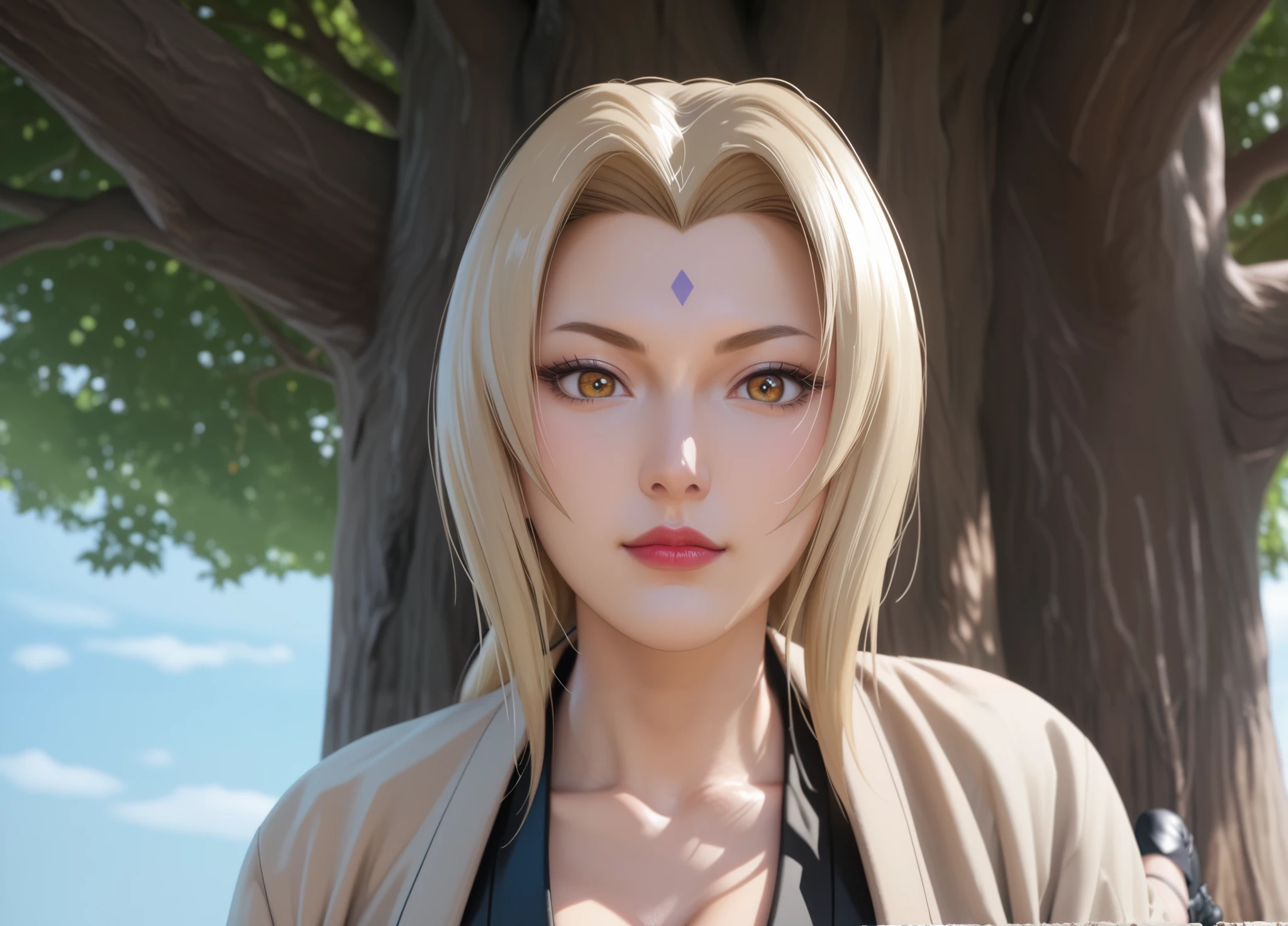 score_9,score_8_up,score_7_up,high res image,masterpiece,best quality,realistic,mature female,(fair_skin:1.1),(shiny_skin:1.2),Tsunade,t5un4d3,Light yellow long hair,blue purple mark on forehead,light yellow thin short eyebrows,bright brown pupils,light red lips,(hanging breasts:1.1),(big breasts:1.2),chopiotsunade,(black dress:1.2),(brown cardigan coat:1.2),(black boots:1.2),(black silk stockings:1.2),(kneel on one knee:1.3),(under the tree:1.1),