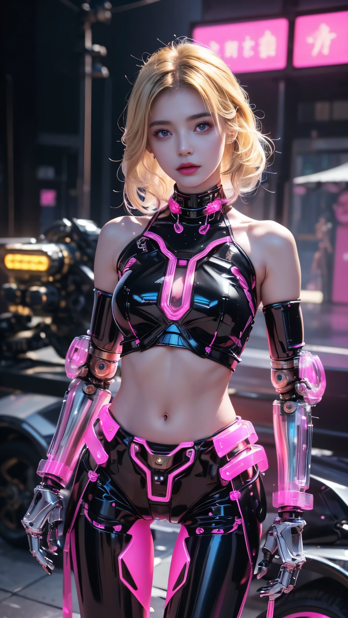 Photo from below of a slender woman in a nightclub with a giant mecha in the background.
(nightclub:1.2), (skirt:1.2), (blue eyes:1.4), perfect face, big breasts, full body, long boots, blurry, neon lighs.
<lora:super mecha_20230606112241:0.8>