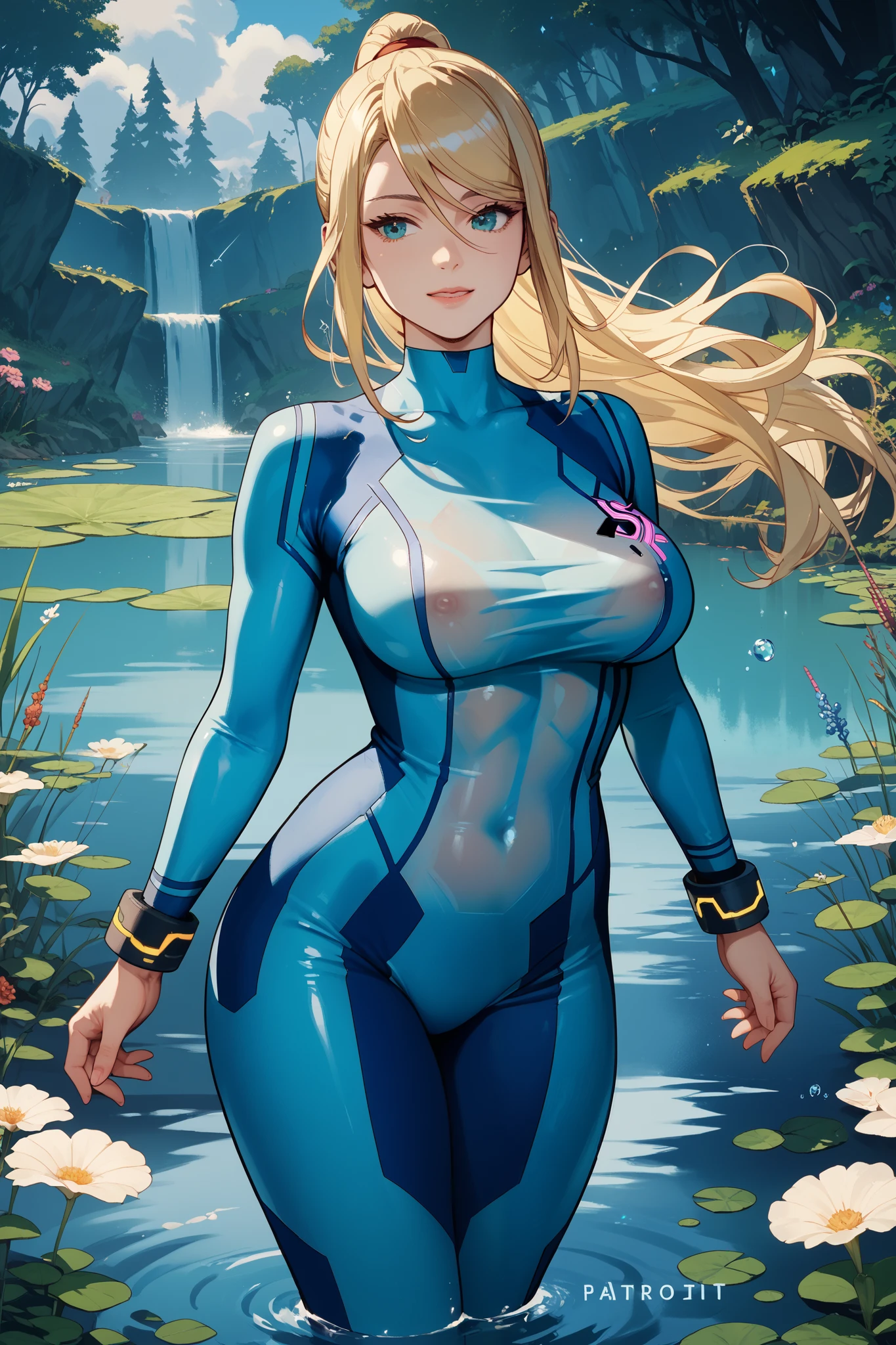 1girl, (solo:1.2), (looking at viewer:1.5), (upper body:1.5), (walking:1.2), (cowboy shot:1.5), (masterpiece:1.3), (best quality:1.3), (perfect anatomy:1.4), highly detailed, (secluded river scenery:1.2), (sunlight through trees:1.3), daylight,natural rock formations, nature,, <lora:Samus Aran [novowels - v1.0]:0.8> samus aran, ponytail, hair tie, (blonde hair:1.2), blue eyes, large breasts, blue gloves, blue bodysuit, high heels, <lora:Fumio (rsqkr) [MockAi - v1.0]:0.9> fumio, sketchy lineart, exaggerated proportions, pastel tones, glossy, film grain