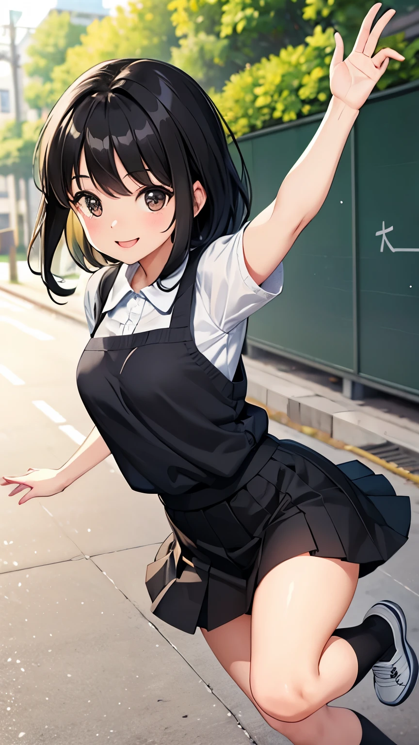  realistic style  ，HD 8K  ， ，Cute Kindergarten   ，  Black hair ，   skirt，  White Socks   ， Natural Motion ， Outdoor background ，  Smile Facing the Lens  