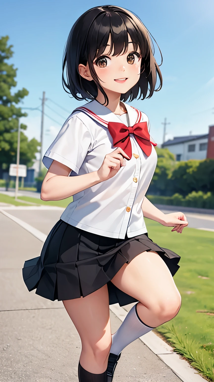  realistic style  ，HD 8K  ， ，Cute Kindergarten   ，  Black hair ，   skirt，  White Socks   ， Natural Motion ， Outdoor background ，  Smile Facing the Lens  