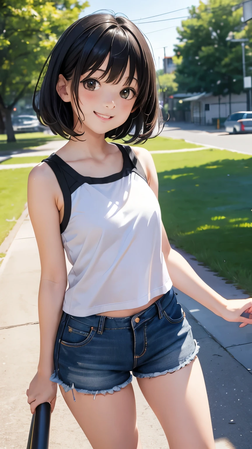  realistic style  ，HD 8K  ， ，Cute Kindergarten   ，  Black hair ，  Sleeveless Top Shorts，  White Socks   ， Natural Motion ， Outdoor background ，  Smile Facing the Lens  