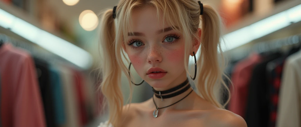 hyperrealistic 14 year old american teen, blonde, perfect tiny body, sexy, dark makeup, small choker, perfect slim face, big red lips, very cute face, tiny body, big eyes, young looking, childish looking, pink ballet tutu