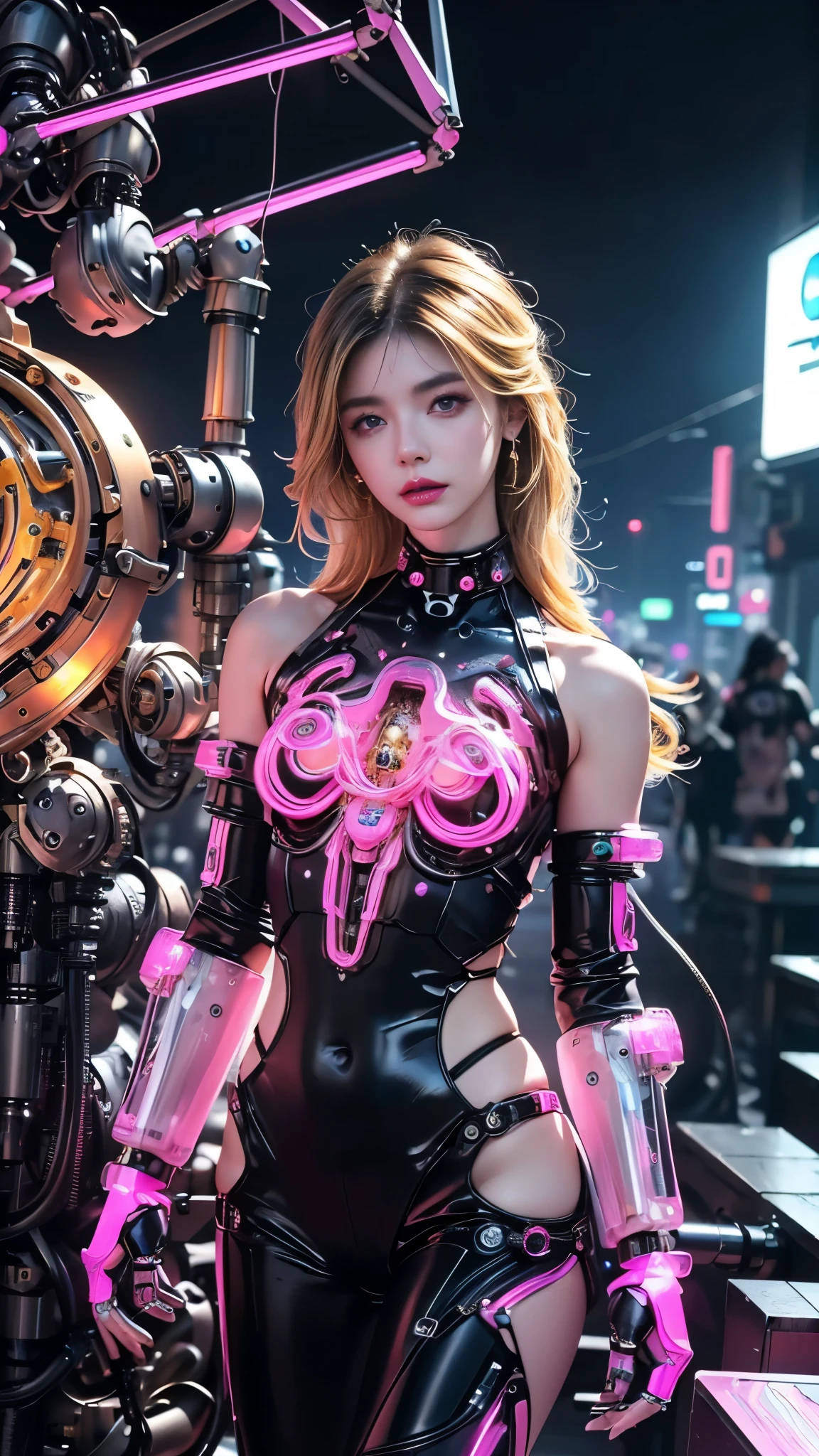 Top quality、masterpiece、Ultra-high resolution、(Photorealistic:1.4)、RAW photos、1 girl、Blonde hair、Glowing skin、(1. Angel)、闪亮Angel圈、((Ultra-realistic details))、porch、Global Illumination、shadow、Octan Rendering、8K、Super sharp、huge 、Bare skin is exposed in the cleavage、Metal、Intricate decorative details、Steampunk details、Vacuum tube、Nixie Kan、Oil pressure gauge、Glass Kalog Meter、gear wheel、gear、Hydraulic Cylinders、Extremely complex details、Realistic lighting、Purple Eyes、Radiant eyes、Facing the camera、Neon light details、Mechanical limbs、Blood vessels connected to tubular mechanical vertebrae connected to the back、Mechanical cervical fixator、Sit on it、Wires and cables to the head、Small LED lights、Sumerian details、