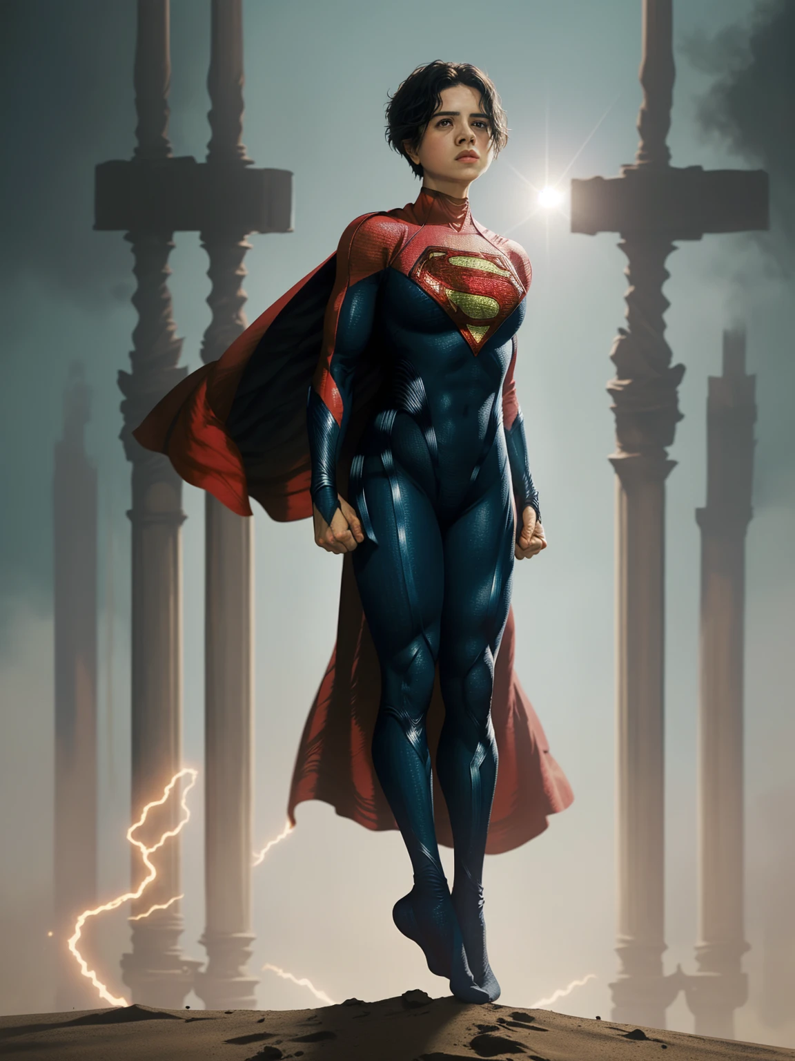 , Marvel Cinematic Universe , (best quality), (masterpiece), (intricate),realistic, sashacalleKaraZorelQuiron,  standing with feet together, arms raised above the head, and body slightly bent ,    colorful, highly detailed,  superhero action movie scene,