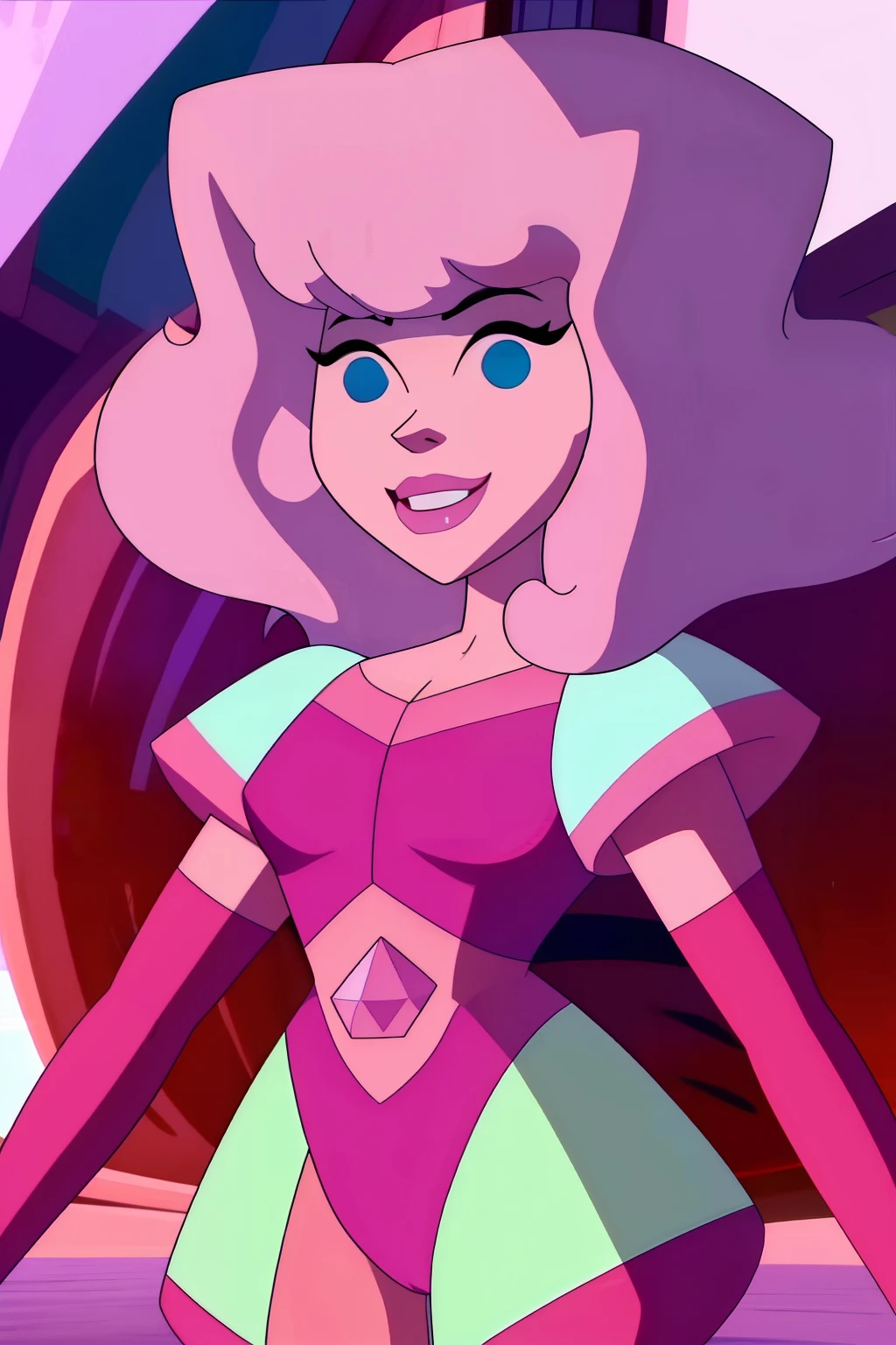 pnkdamond, pink hair, pink eyes, big hair, stomach gem, pink skin, toned,
puffy short sleeves, elbow gloves , white thighhighs, puffy dress,
standing, upper body,
outerspace,
(insanely detailed, beautiful detailed face,beautiful detailed eyes, masterpiece, best quality) cinematic lighting, smile,