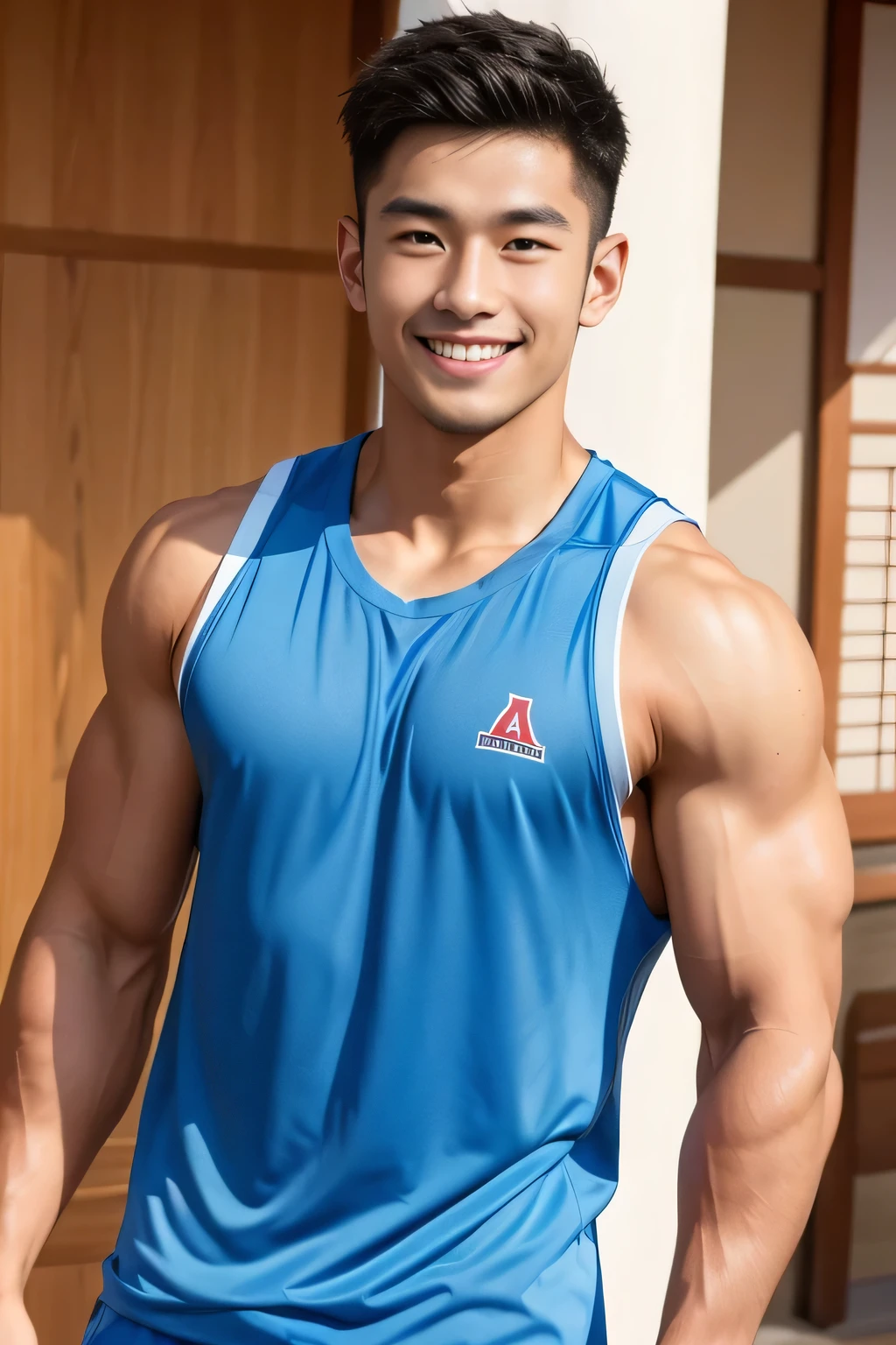18-year-old male、 Japanese、 handsome、 macho、 athletes、smile