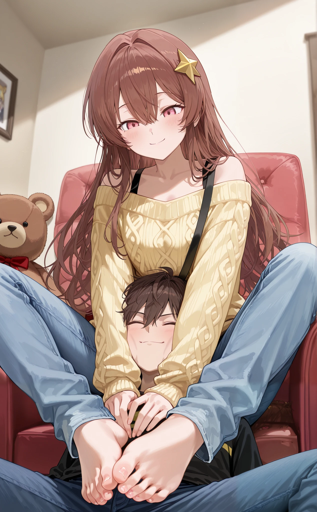 In the bedroom, a woman trampling on a teddy bear's face, Woman's foot on a teddy bear's face , face trampling.
Five toes per foot,perfect feet, anatomically accurate feet, sitting on a chair 。Smile,closed mouth, brown hair , long hair, pink eyes , yellow off-shoulder sweater ,black shoulder strap ,Bangs between the eyes, jeans, huge separate yellow five-pointed star hair ornament,