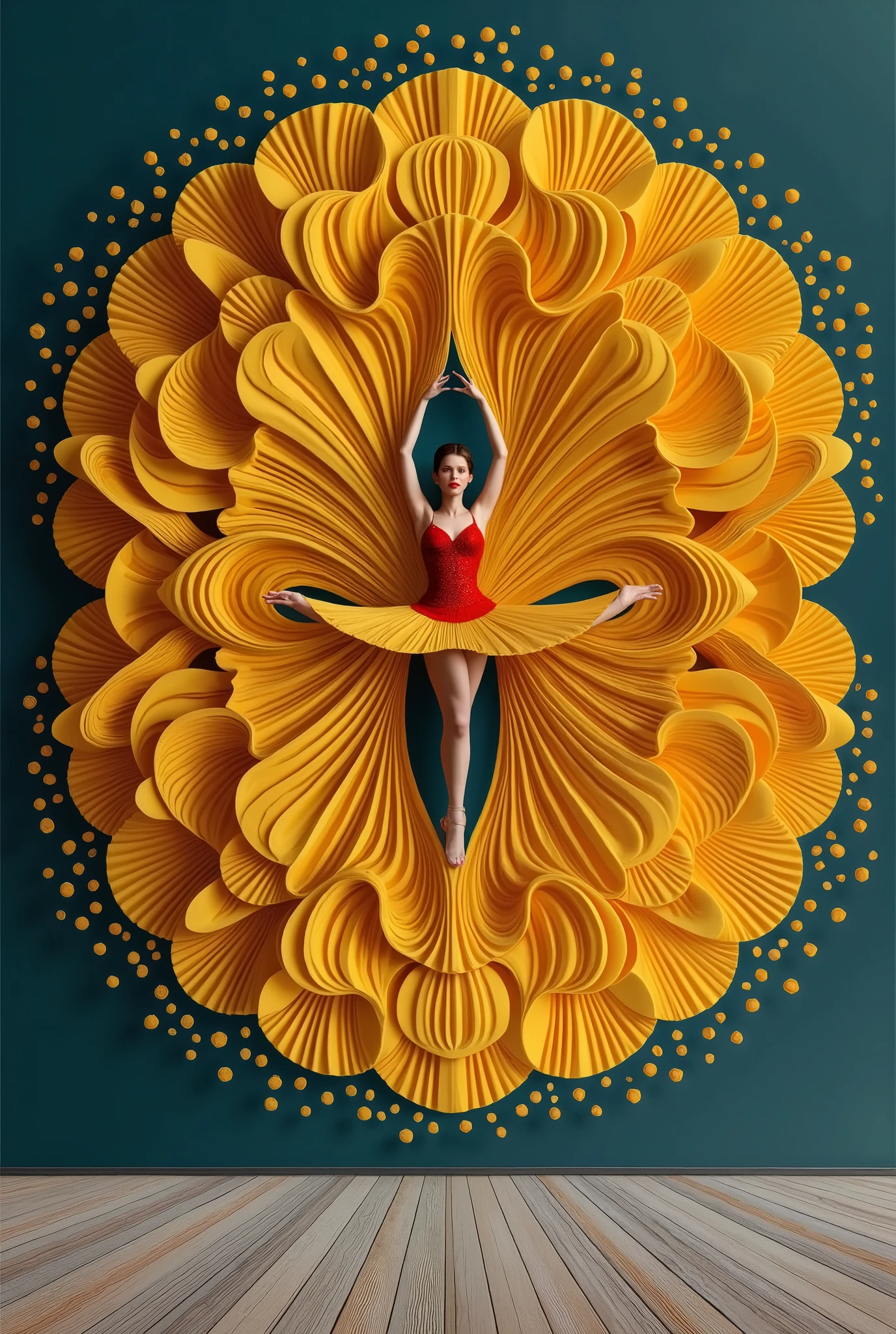 (wide angle) full body, flexible body, art nouveau A full dark teal and orange background, minimal collage artwork featuring a wide and long piece of yellow color blanket made of collection of small granules covering and envelop a part of the body of a beautiful russian ballerina women red lips, collection of small granules dress, The ends of the collection of small granules cloth fly up and stick to the wall expands upwards forming a beautiful luxurious and majestic blanket shape(symmetrical shape) stuck to the wall , black wall, stand on one leg, Unique poses with flexible bodies, strange poses, unique and beautifu pose against the middle of wall, low light, beautiful and unique masterpiece. very detailed, high resolution, in terms of beautiful appearance, beautiful art, like a beautiful logo,Elegance,SurrealArtStyle,Elegance,Composition,Surr3al_Art