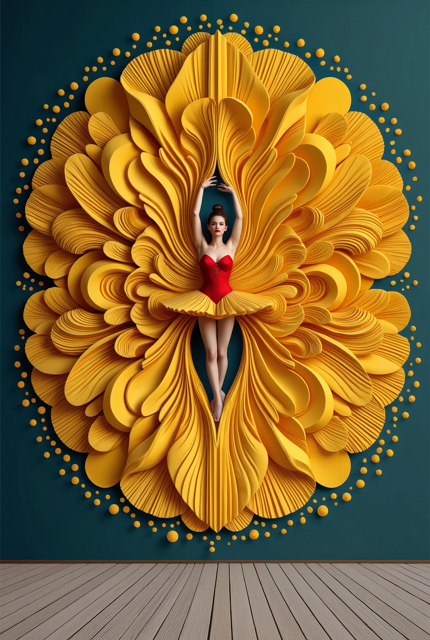 symmetrical shape, A full background, minimal collage artwork featuring a wide and long piece of yellow color blanket made of flower petals covering and envelop a part of the body of a beautiful russian ballerina women red lips, small petals dress, The ends of the flower petal cloth fly up and stick to the wall expands upwards forming a beautiful, Unique, luxurious and majestic blanket shape (symmetrical shape) stuck to the wall , dark teal wall, Unique poses with flexible body, strange poses, unique and beautifu pose against the middle of wall, low light, beautiful and unique masterpiece. very detailed, high resolution, in terms of beautiful appearance, beautiful art, like a beautiful logo,Elegance,SurrealArtStyle,Elegance,Composition
