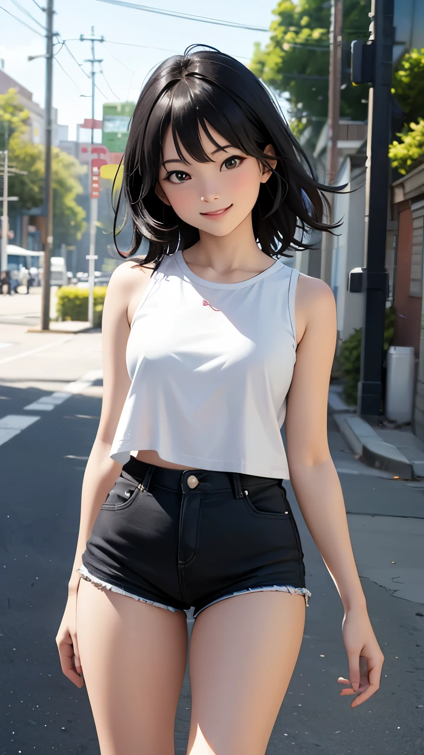 realistic style  ，HD 8K  ， ，Cute Kindergarten   ，  Black hair ，  Sleeveless Top Shorts，  White Socks   ， Natural Motion ， Outdoor background ，  Smile Facing the Lens  